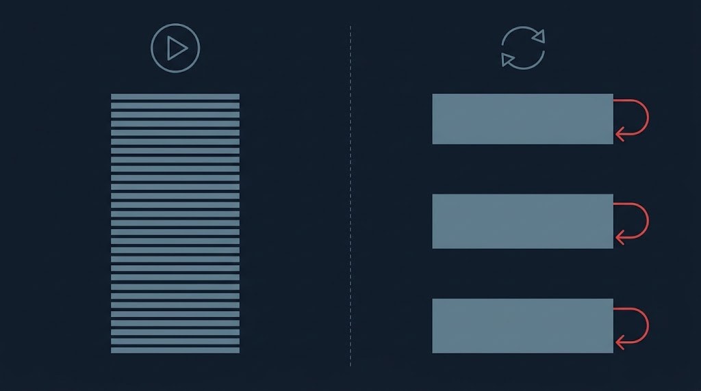 Esquema que compara muchas horas de vídeo acumuladas con las pocas sesiones que aportan corrección en una mentoría de trading